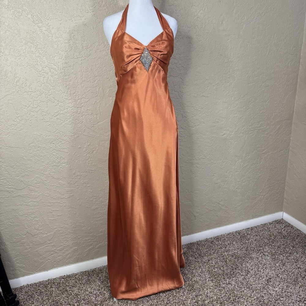 Y2k Burnt Orange Satin Formal Evening Gown Rhinestone Detail & Open Back Size‎ 6